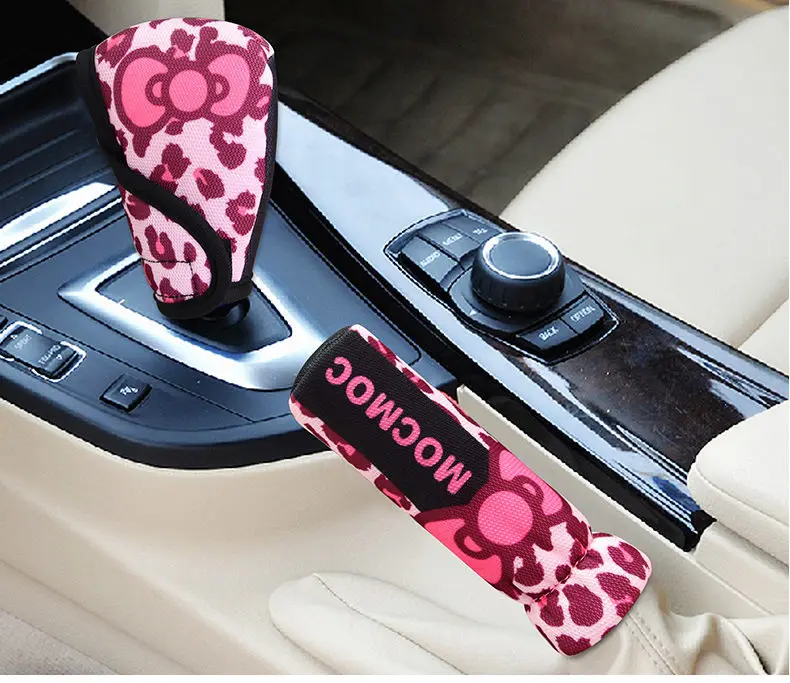 Розовый Леопардовый принт подголовник для сиденья автомобиля подушка для шеи и крышка рулевого колеса чехол рычага рукоятки ручного тормоза рукав