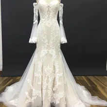 CloverBridal высокое качество популярное платье-Русалка 3D кружева полный пагода рукава слоновая кость Свадебные платья последний дизайн развертки поезд