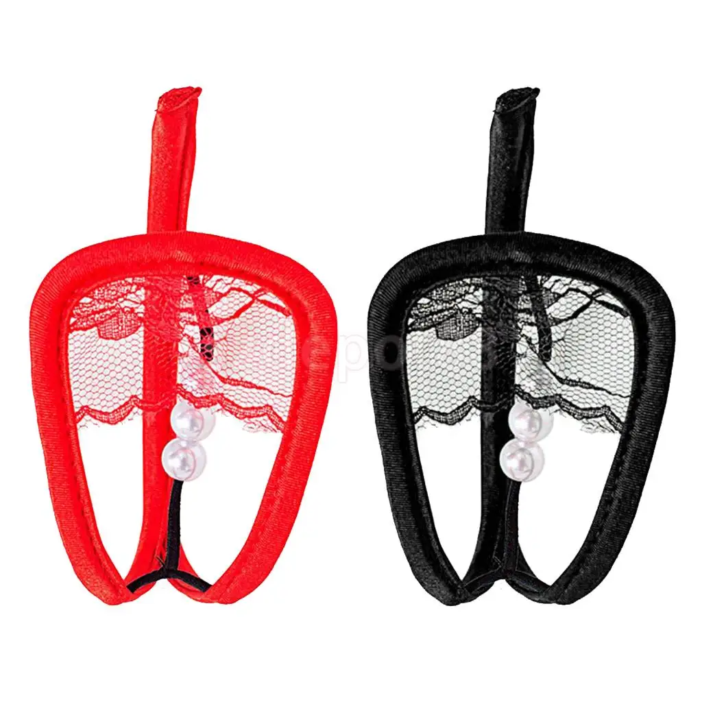 Women's Sexy Sheer Lace Pearls C String Thong Invisible Underwear Panties Red / Black