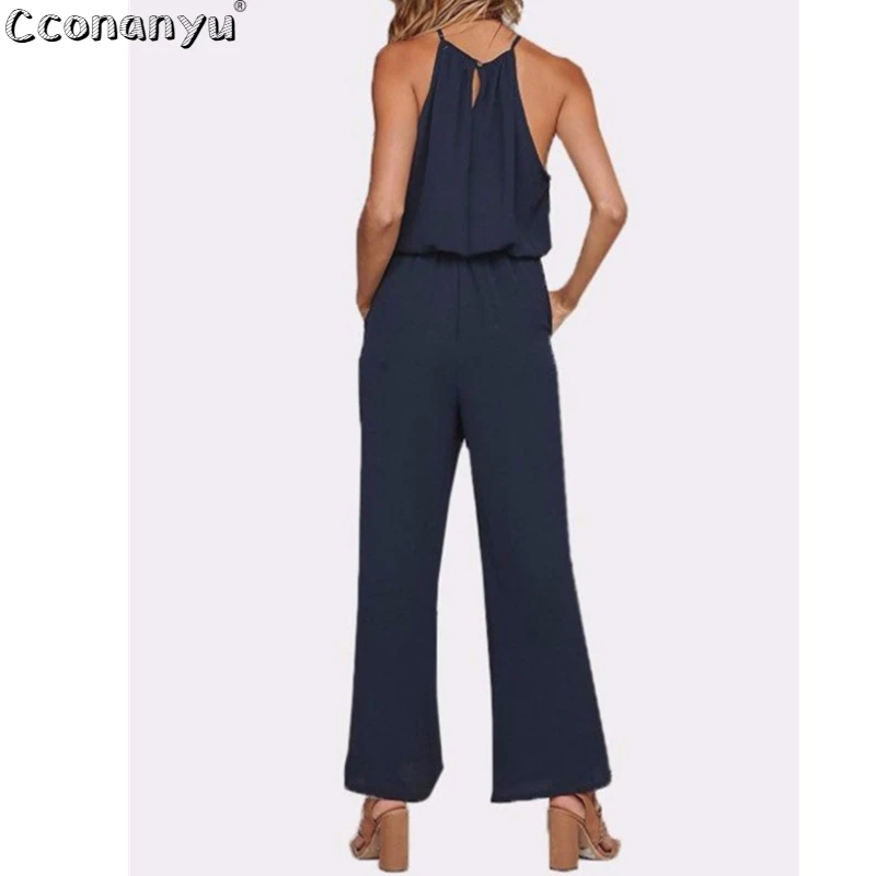 2019 Summer Sleeveless Wide Leg Solid Jumpsuit Sexy Women Halter Backless High Waist Loose Playsuit with Pockets Jumpsuits 2019 Summer Sleeveless Wide Leg Solid Jumpsuit Sexy Women Halter Backless High Waist Loose Playsuit with Pockets Jumpsuits