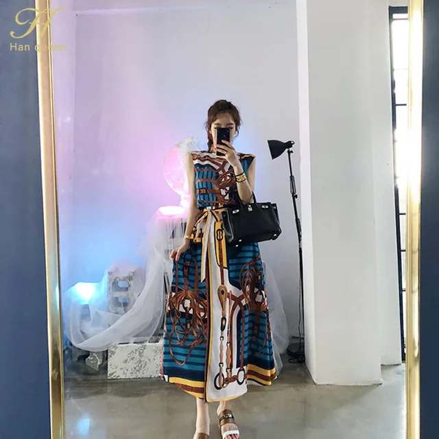 H Han Queen Vintage Print Elegant Long Dress Women 2019 Spring 2 Pieces Dresses Big Swing Ankle-length Vestidos 4