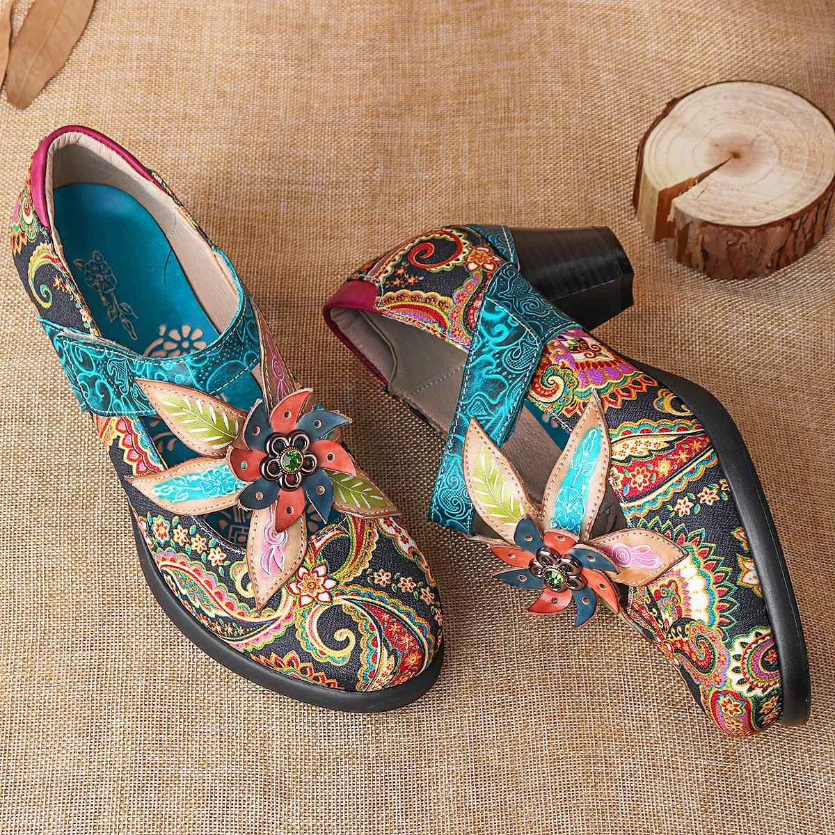 

NIS Printed Bohemian Genuine Leather Pumps Women Shoes Woman Spring socofy Vintage Style Ladies Shoes Flower Hook&Loop High Heel