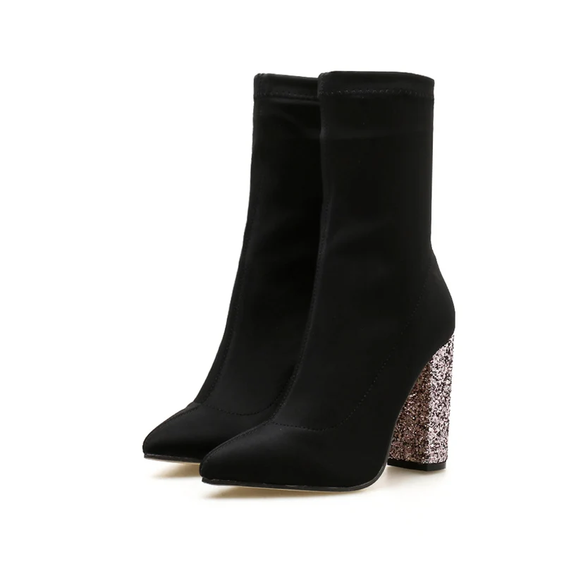 Black Silk Модные женские блестящие Фетиш-сапоги на высоком каблуке 10 см; шикарные Шикарные ботильоны на толстом квадратном каблуке; растягивающаяся обувь на массивном каблуке - Цвет: Black Silk