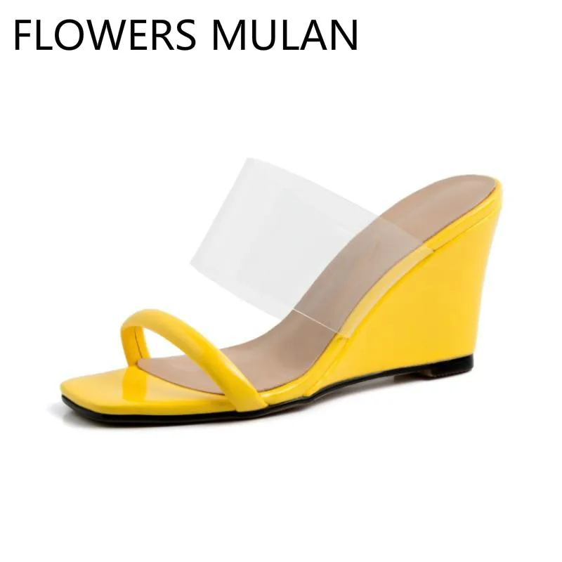 

Yellow White Black Wedges Shoes for Women Transparent PVC Two Buckle Sandalias Mujer Summer New Designer Zapatos Slip On Brand