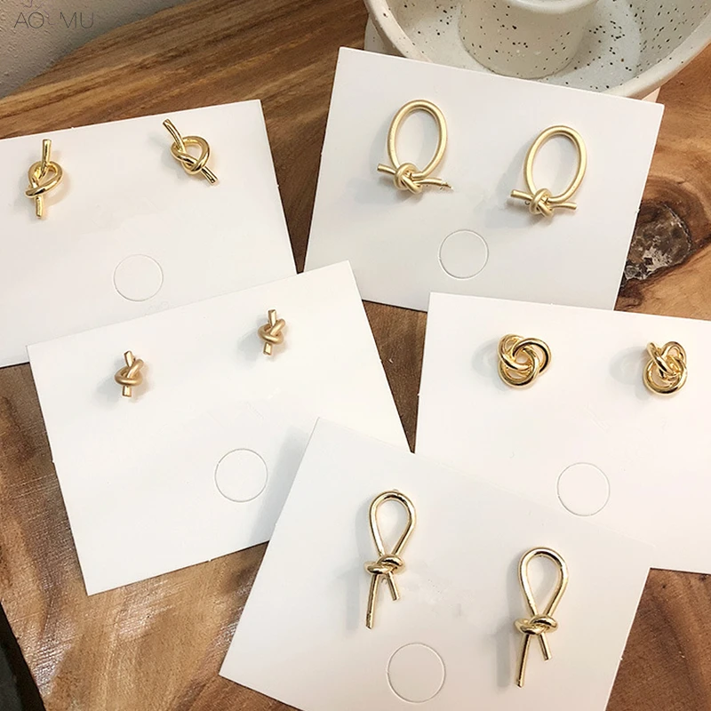 

AOMU 2019 Korea Vintage Gold Metal Knot Bowknot Geometric Round Circle Oval Small Stud Earrings for Women Girl Wedding Party