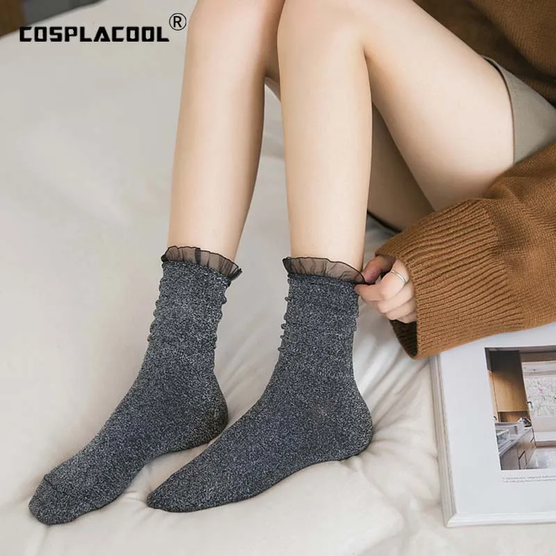 

[COSPLACOOL]Silk Lace Transparent Design Socks Shiny Edge Gold Silver Sexy Sokken Heap Heap Meias Harajuku Princess Socks Women