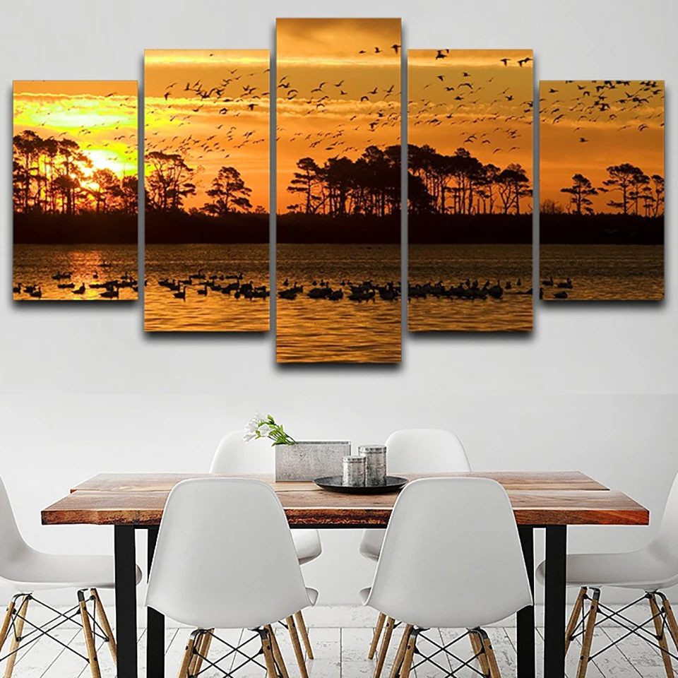 

For Living Room Modern HD Printed Wall Art Pictures 5 Panel Sunset Lake Nature Scenery Home Decor Frame Canvas Painting Poster