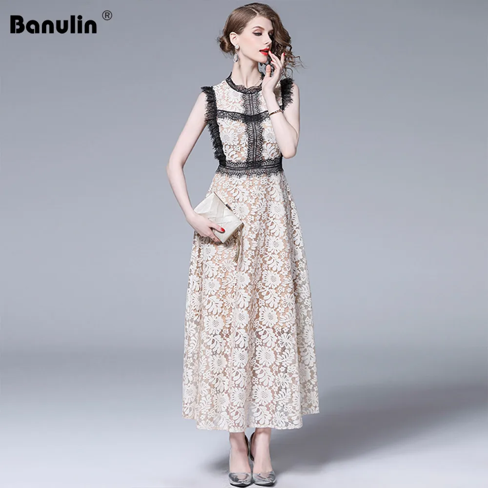 

Banulin 2019 Fashion Runway Summer Dress Women's Celebrity Hollow Eyelash Lace Sleeveless Slim Ladies High Waist Party Dress
