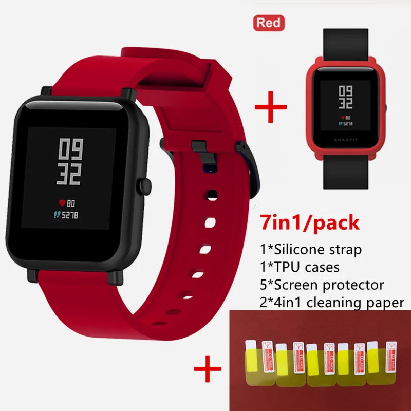 7в1 для Xiaomi Huami Amazfit Bip светильник и тонкий ТПУ ремешок на запястье PC Watch мягкий чехол для экрана с защитной пленкой - Цвет: Red 1