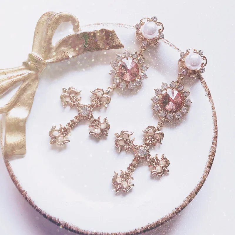 

EARS HIGH Korean Fashion Women Cross Drop Earrings Barque Style Shiny Rhinestone Crystal Simulated Pearl Girl Vintage Jewelry