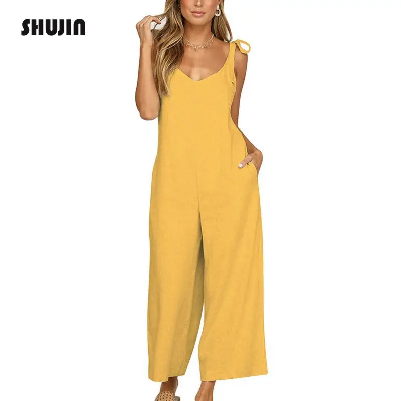 

SHUJIN Women Strape Backless Elegant Long Jumpsuits Casual Sleeveless Bandage V-Neck Wide Leg Jumpsuit Summer Loose Rompers