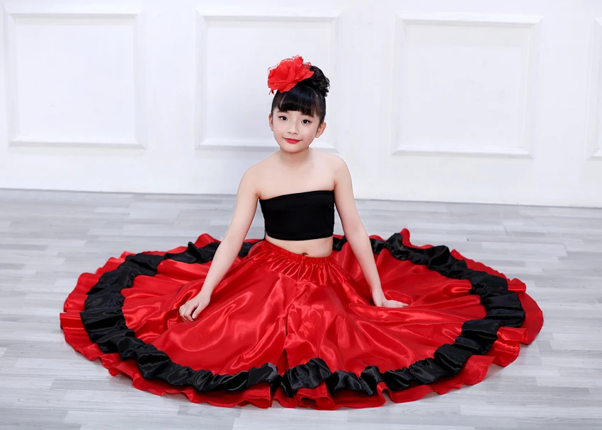 Испанские танцевальные костюмы для девочек, детская красная юбка для Фламенго, одежда для карнавала, фестиваля, сцены, атласное гладкое платье