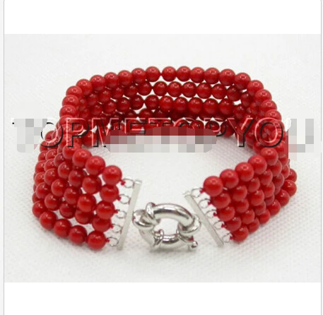 

Authentic 5row 8" round red coral beads Bracelet E1611^^@^18K GP SHIPPING 5.26