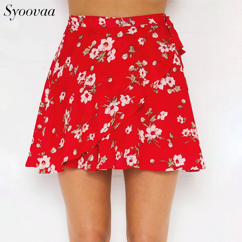 Syoovaa Chiffon Women Red Floral Skirt Sexy Summer Beach Short Skirts ...