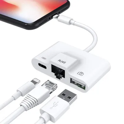 

3 in 1 Network Adapter For Lightning to LAN 100Mbps Ethernet RJ45 Adapter OTG USB 3.0 Camera Reader For iPhone/iPad