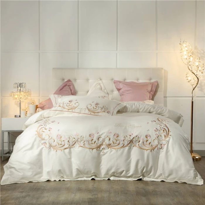 Cream color 60S egyptian Cotton Bedding set 4pcs flowers Embroidery bedsheet pillowcase duvet