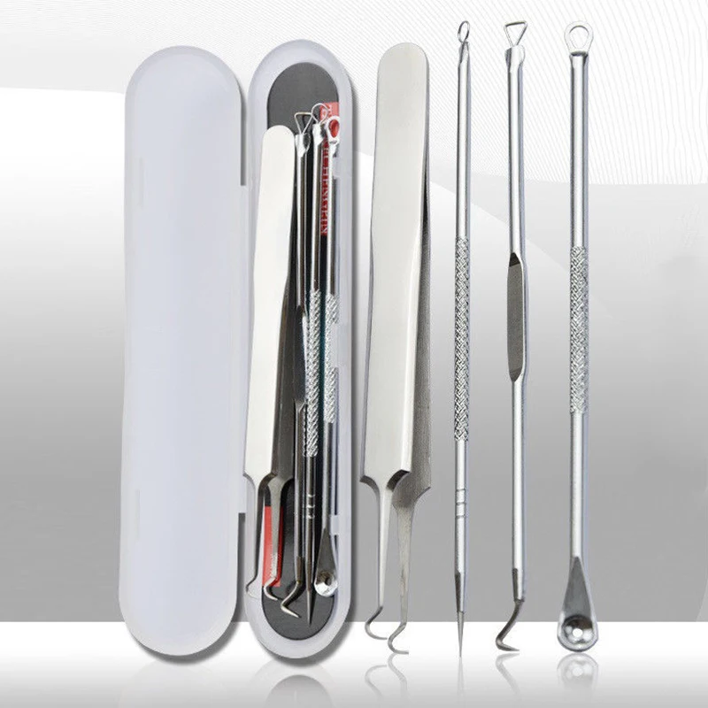 Shellhard 4pcs/Set Silver Blackhead Extractor Needle Tweezer Comedone Acne Pimple Blackhead Extractor Remover Tools Kit