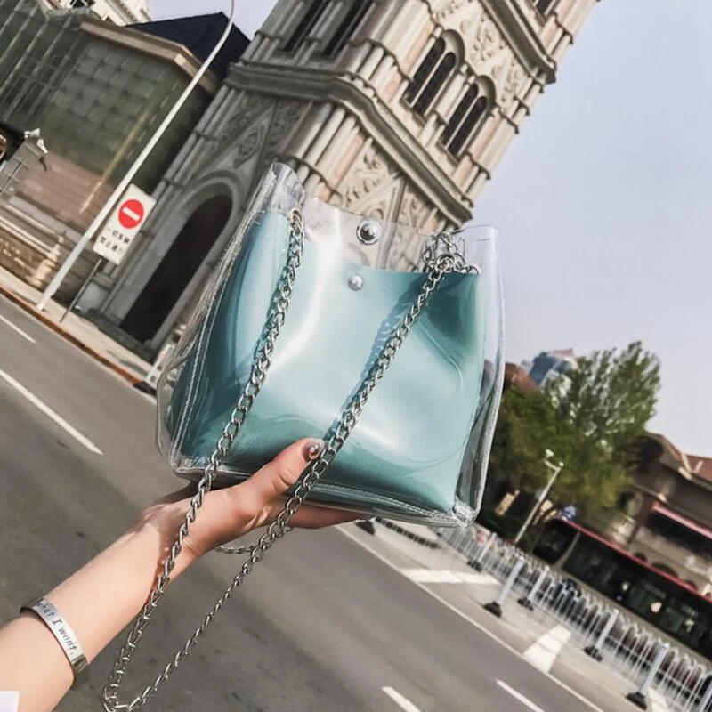 

Women Small Bucket Bags Plastic Transparent Totes Composite Chain Bag Female Mini Jelly Handbags 6H0105