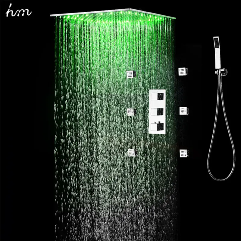 

hm 20" LED Showerhead Rainfall Thermostatic Shower Set Massage Body Jets Panel Embedded Ceiling 3 Ways Concealed Faucets System