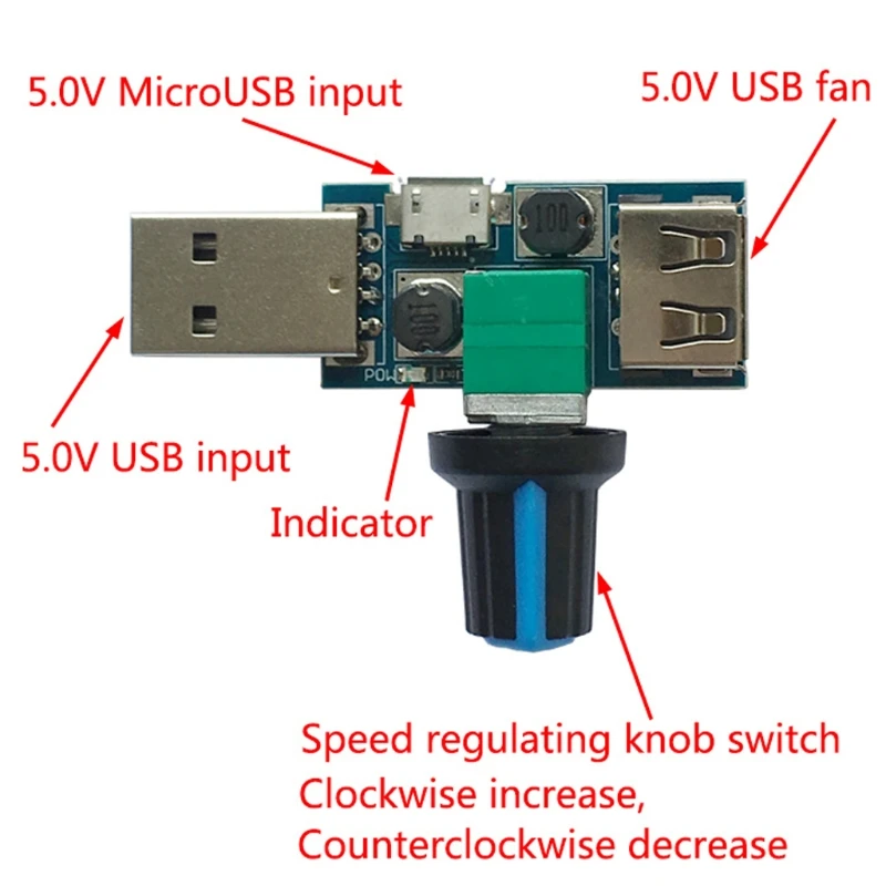 

1PC USB Fan Speed Controller DC 4-12V Reducing Noise Multi-stall Adjustment Governor Rated Power 5W