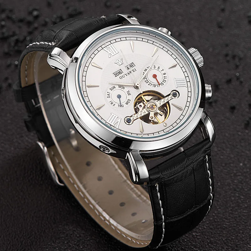 

OUYAWEI Men Mechanical Watch Business Skeleton Tourbillon Automatic Male Classic Leather Wrist Watches Clock Time Reloj Hombre