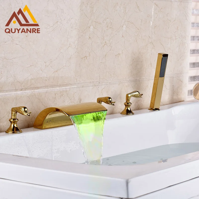 Gold plated Bathtub Faucet Deck Mount Led Light Changing Hot and Cold Water Taps Bathroom