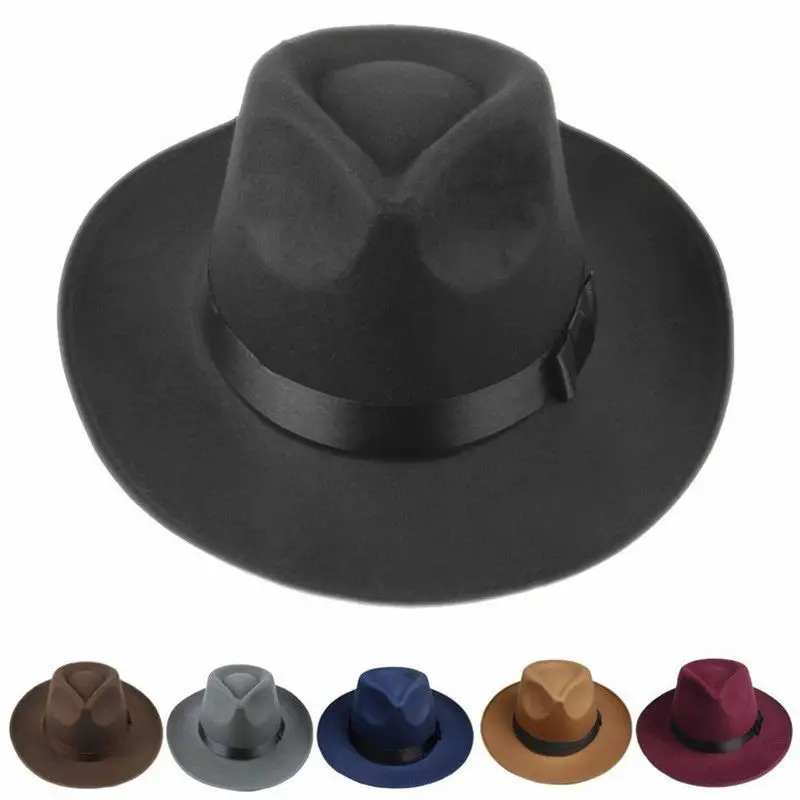 Винтажный Herren Damen Hart Filz Kappe breite Krempe Fedora Trilby Панама Федора Трилби Панама Шляпа Гангстера Новинка