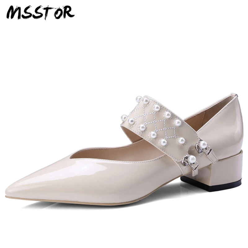 MSStor String Bead Black Pumps Shoes Women Fashion Genuine Leather Shallow Spring High Heels Pointed Toe Buckle Womens Shoes 5CM