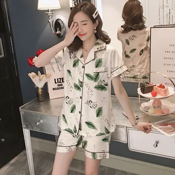 

Summer New Cute Lady Print Leaves Pajamas Set Novelty Turn-down Collar Sleepwear Comfortable Satin Casual Home Clothes