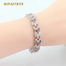 Разноцветные камни, кубический цирконий, серебряный цвет, звенья цепи, браслеты, модные ювелирные изделия для женщин, подарочная коробка