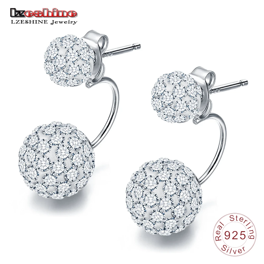 

LZESHINE 100% 925 Sterling Silver Earrings Elegant Double Spherical AAA Zircon Earrings For Women Sliver Jewelry Gift