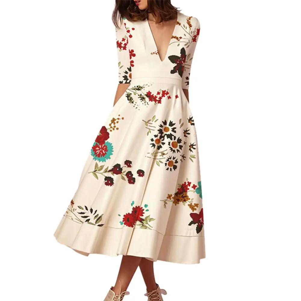 

платье летнее 2019 New Vadim Women summer V Neck Evening Party Beach Casual Vintage sundress Beachwear Plus Size Loose Vestidos