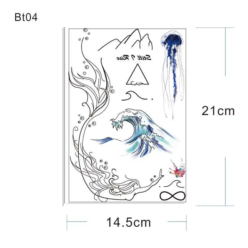 BT04 1 шт. под грудью боковая грудь временная татуировка с морской волной, Русалочка, Маутейн, медузы шаблон боди-арт
