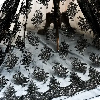 

1 Meter 130cm Width 2018 Latest High End French Lace Eyelash Wedding Lace Fabric Free Shipping Black Sequin Bridal Gown Lace