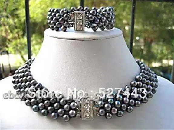 

Wholesale free shipping >>Beautiful Black FW Pearl Handcraft 5 Rows Necklace Bracelet Set