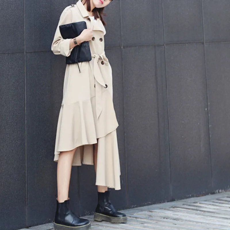 

[EWQ] 2019 Spring New Fashion Long Sleeve Stand Collar Double Breasted Adjustavble Waist Asymmetrical Windbreaker Women AC100