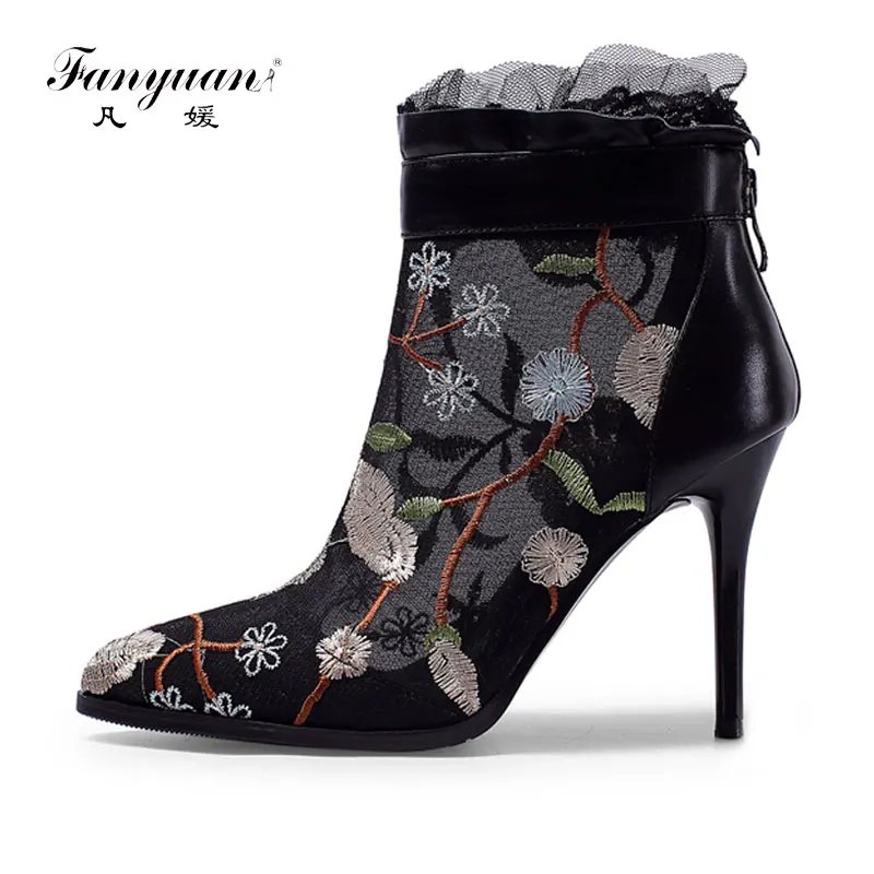 

Fanyuan High-End Floral Women's Boots Zip Pointed Toe Footwear Elegant Embroider Mesh Ladies high Pumps Ankle boots Size 34-42