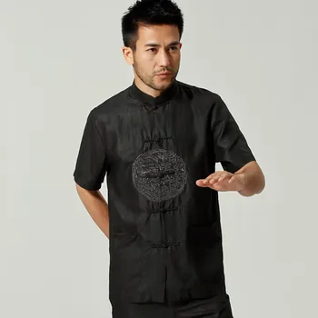 

New Style Chinese Men Summer Leisure EmbroideryShirt High Quality Silk Kung Fu Tai Chi Shirts Plus Size M L XL XXL XXXL M061304