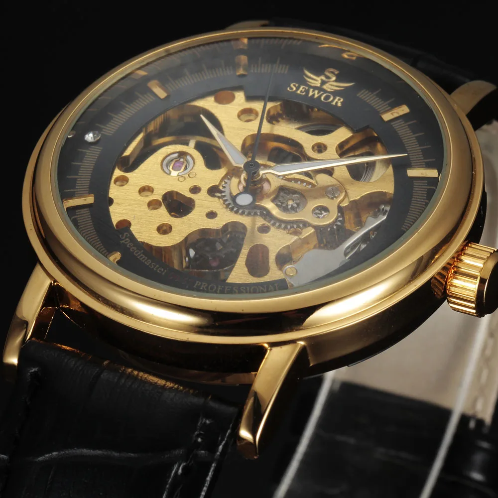 

Sewor Men Watches Top Brand Luxury Mechanical Skeleton Watch Black Golden 3D Literal Design Roman Number Black Dial Designer