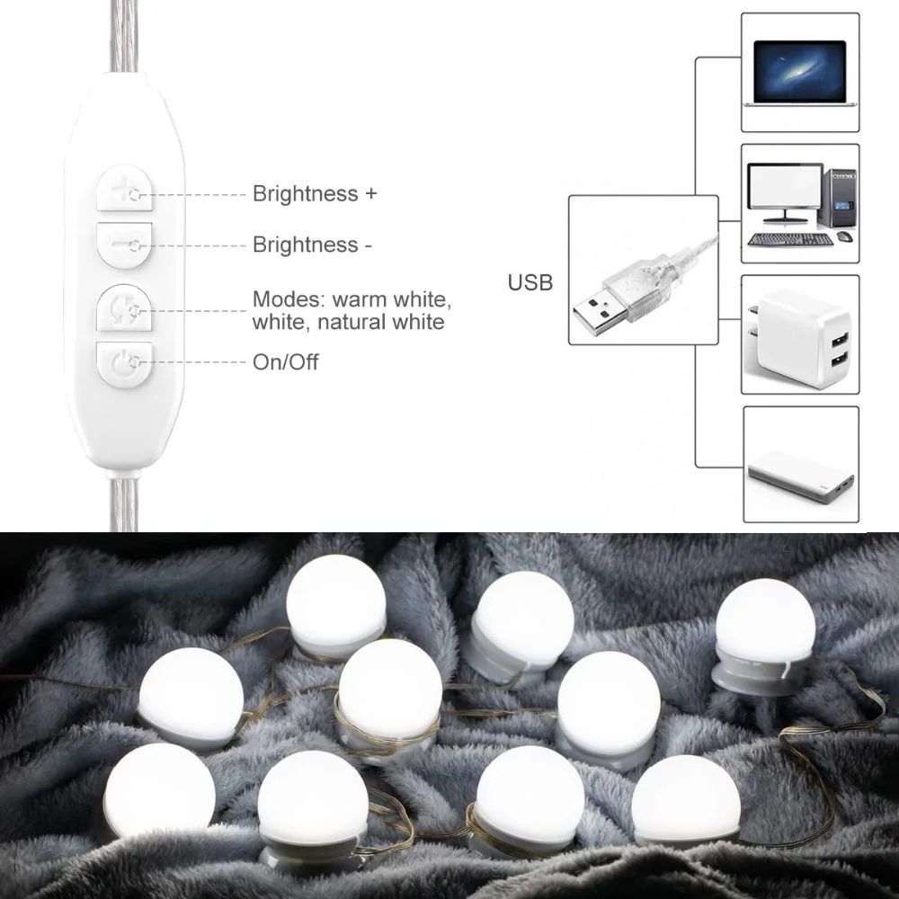 10 светодиодный s лампа Голливудский стиль зеркало для макияжа с подсветкой затемнения 3 режима USB штекер светодиодный зеркальная лампа
