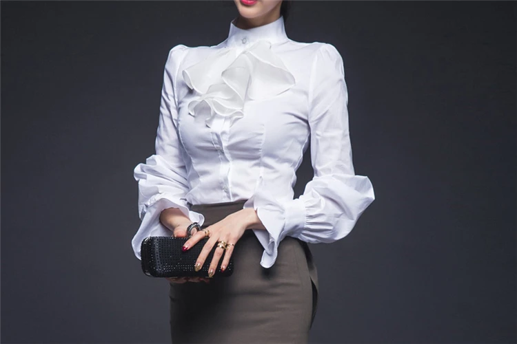 Тонкие белые женские рубашки с оборками, шифоновая блузка с расклешенными рукавами, женские блузы, женские майки, топы, женская одежда RWS175021