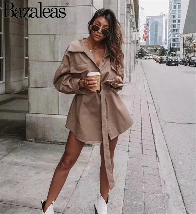 

Women Loose Dress Spring Turn Down CollarVestido Buttons Sashes Elegant Mini Dresses