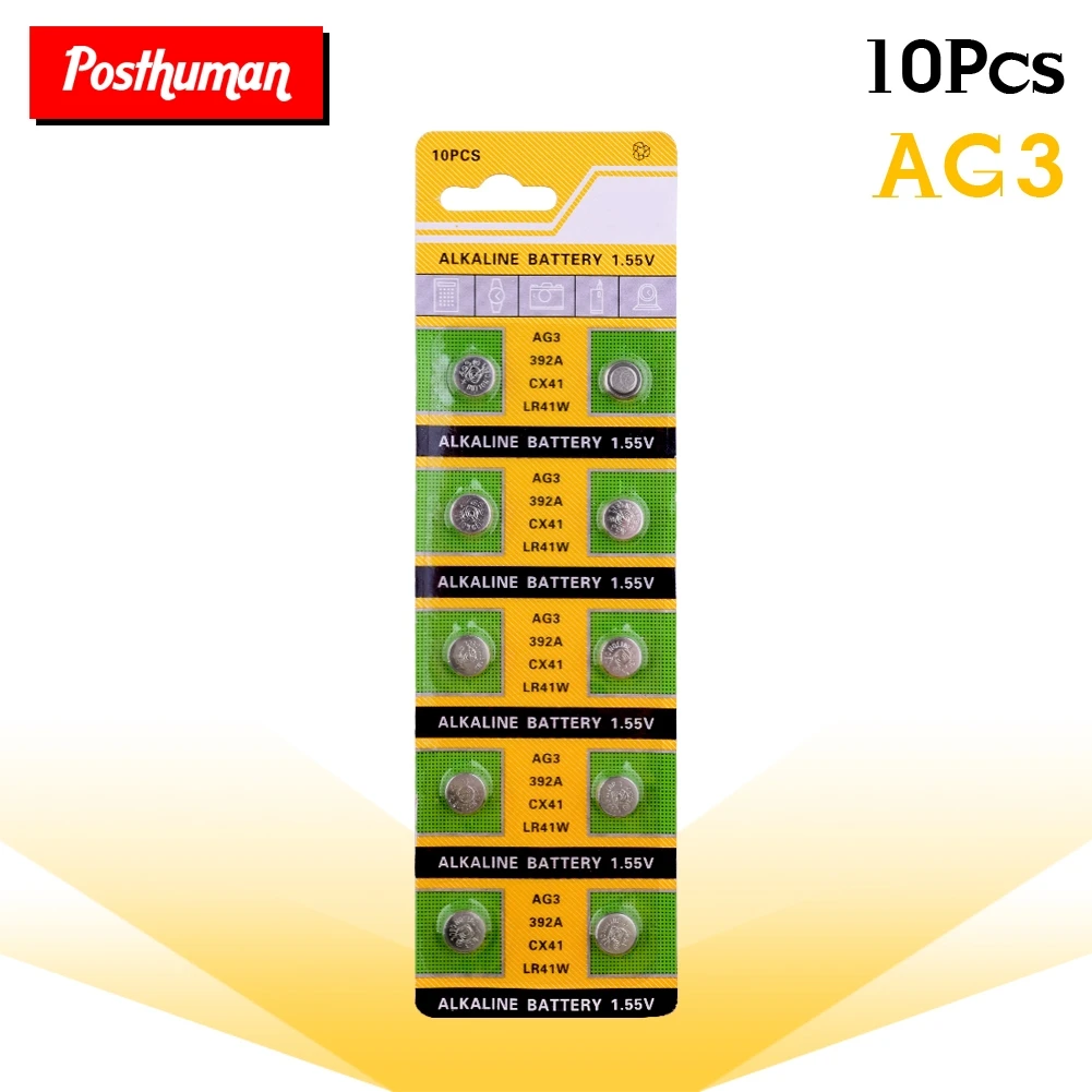 Postuman 10 шт. AG3 1,55 V Щелочная батарейка-кнопка AG 3 384 392 SR41W SR41 L736 батарейки для монет, для часов, игрушек