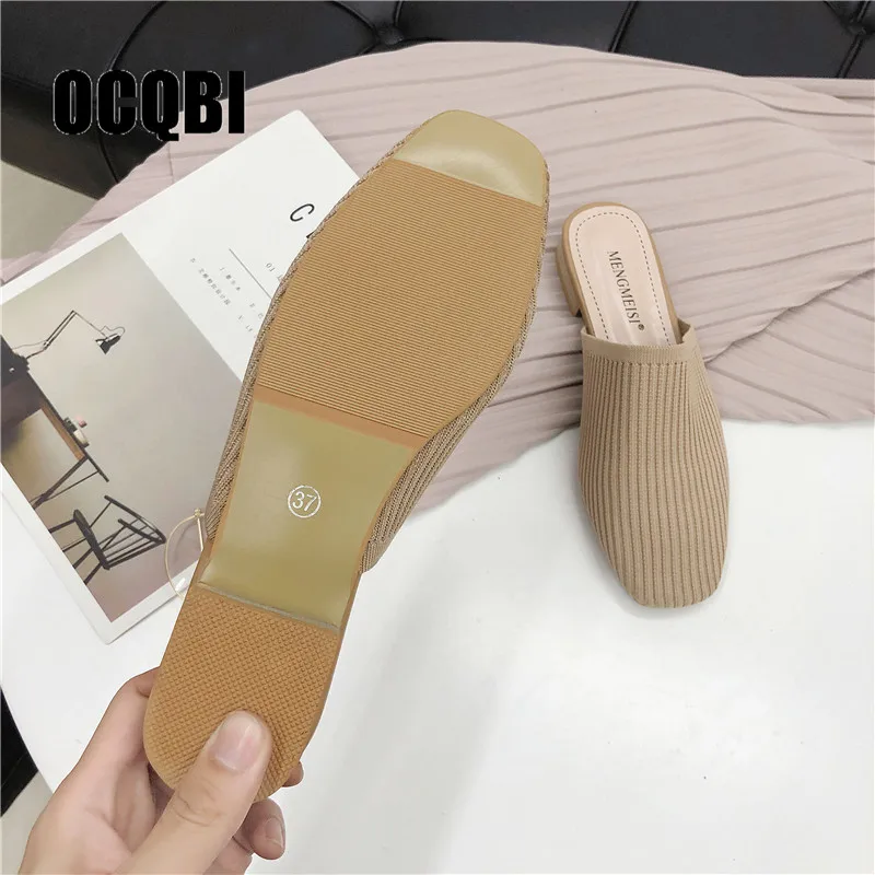 Tanie 2019 marka muły elastyczna tkanina buty na płaskiej podeszwie z okrągłym noskiem obcasy gumką obuwie damskie żółty czarny Slip On slajdy