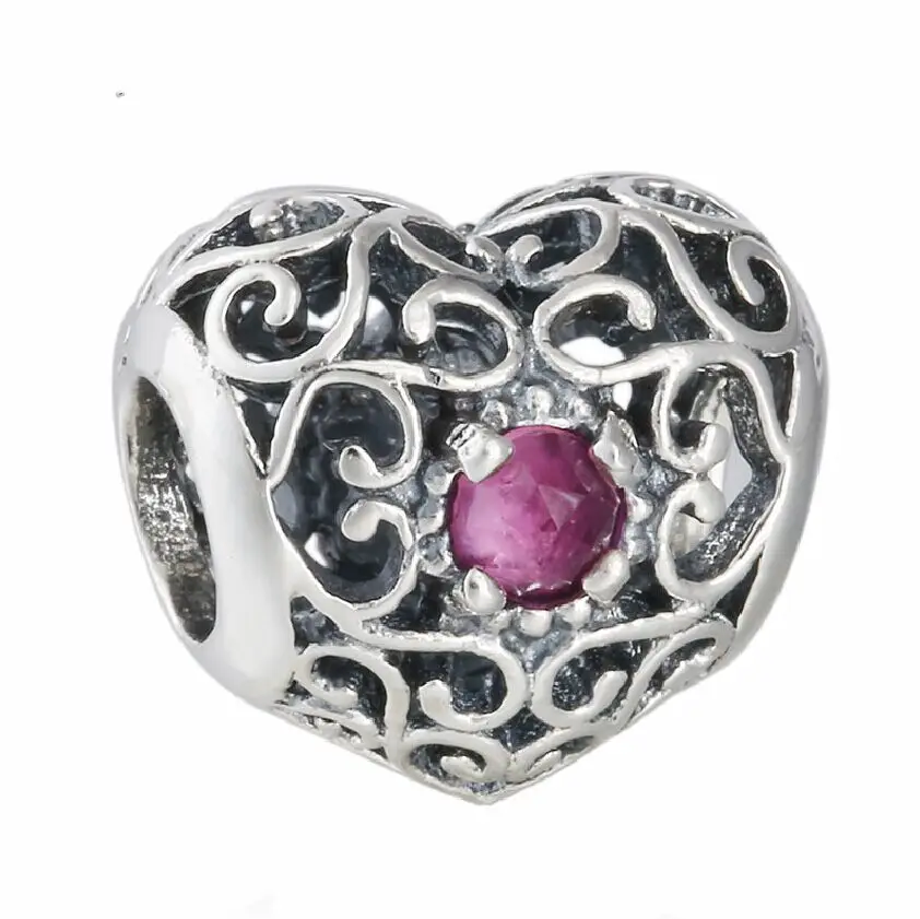 925 Sterling Silver Openwork Signature Red Crystal Heart Birthstone Charm Beads Fits Pandora Bracelets Celebrate July Birthday,in Beads from Jewelry