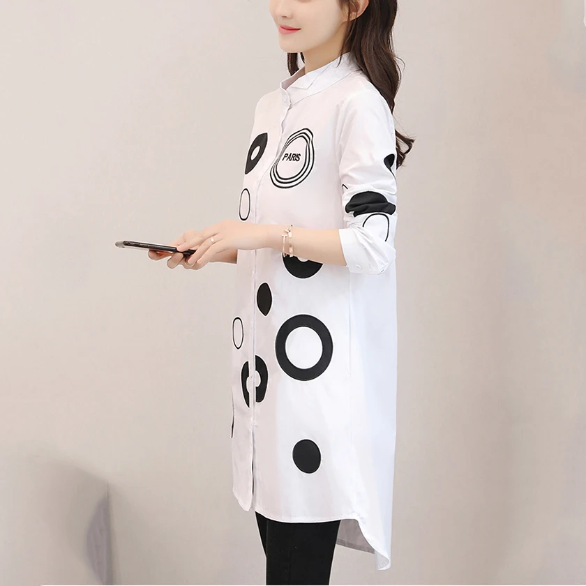  Women Letter Dot Embroidery Long White Blouse Full Sleeve Female Front Short Back Long Shirt Stand 