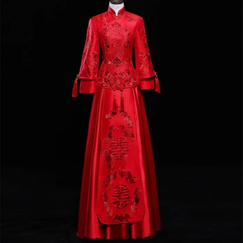 

Traditional Chinese Red Dress Cheongsam For Wedding Elegant Button Vestidos Ancient Women Qipao Embroidery Long Sleeve Suit