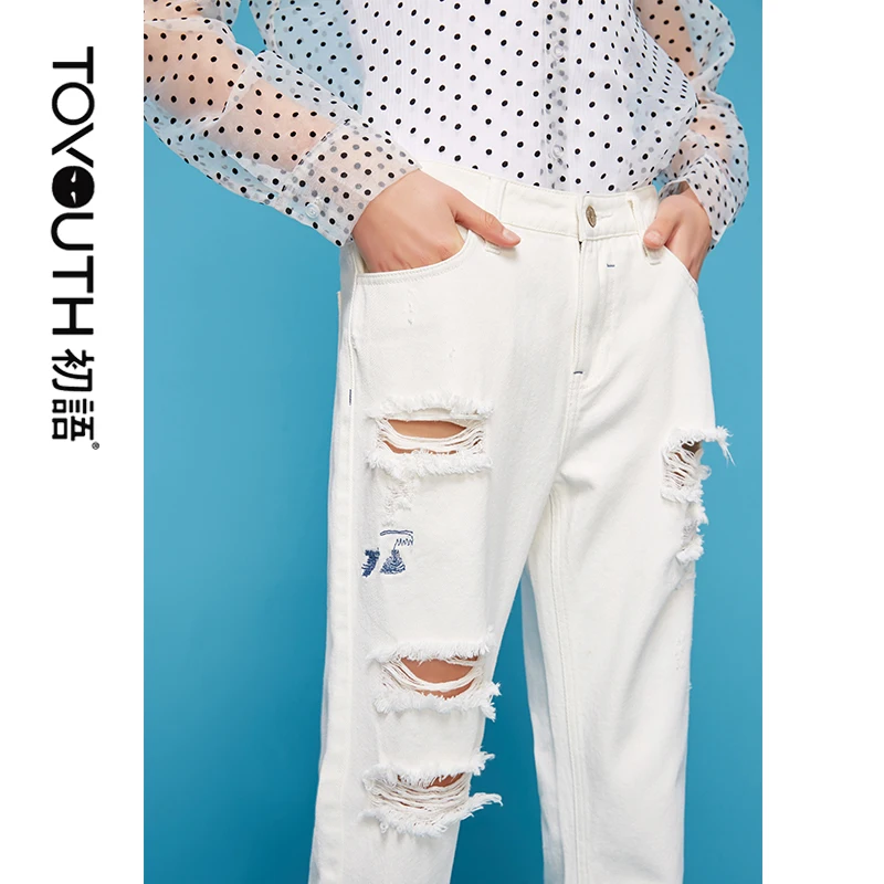 

Toyouth 2019 Summer White Hole Ripped Jeans Women Washed Straight Casual Pencil Trousers Embroidery Slim Denim Jeans for Female