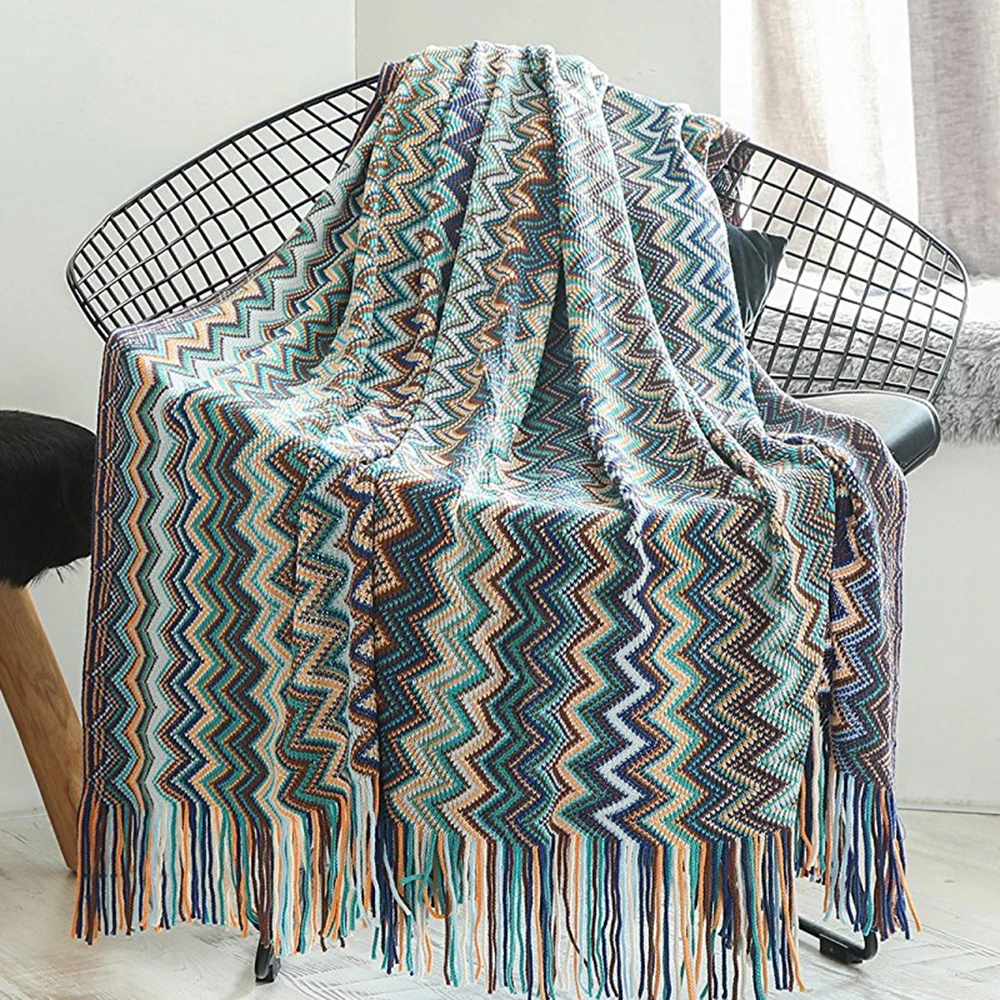 buy Enipate New Bohemian Knitted Throw Blanket Acrylic Fabric Stripe Soft and Warm for Bed Sofa Couch Chair 130*170cm