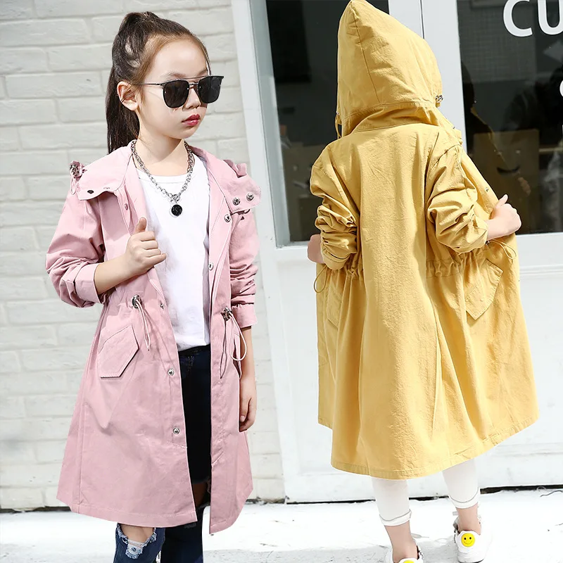 Осень, новое корейское чистое пальто с капюшоном для девочек, уличное ветровое длинное ветровое стекло